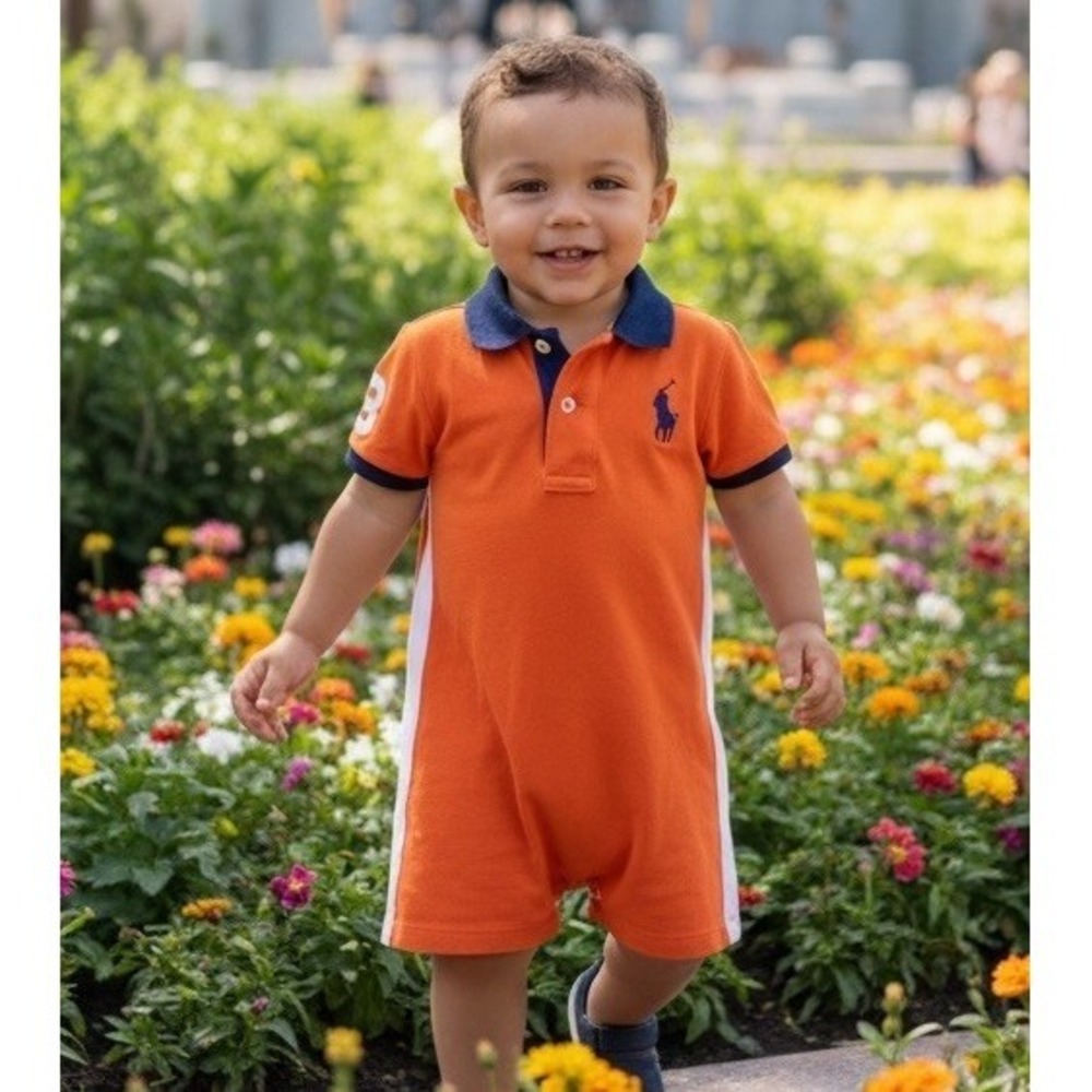 Polo Ralph Lauren Size 24 Months Baby Boy romper Cotton Orange Blue Big Logo 2T